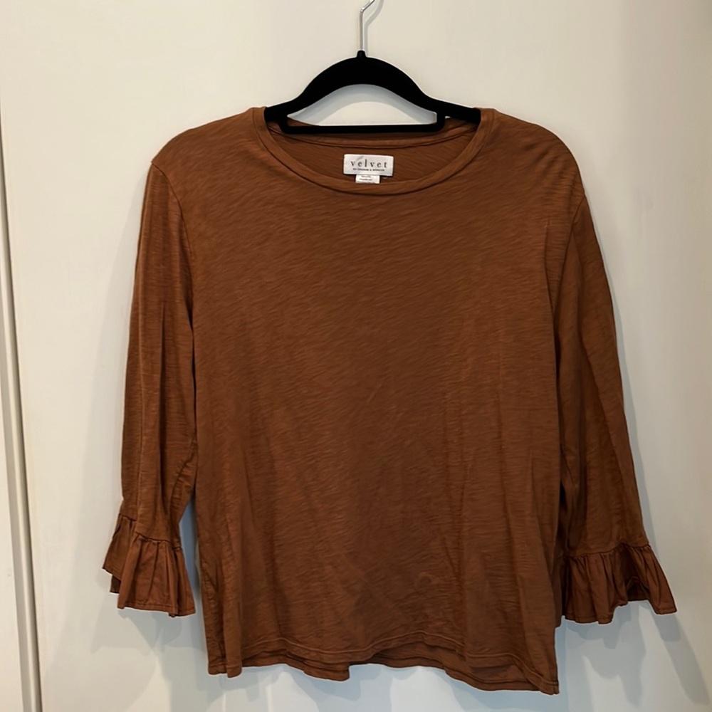Velvet brand brown shirt with three-quarter sleeve, ruffle detail, size XS